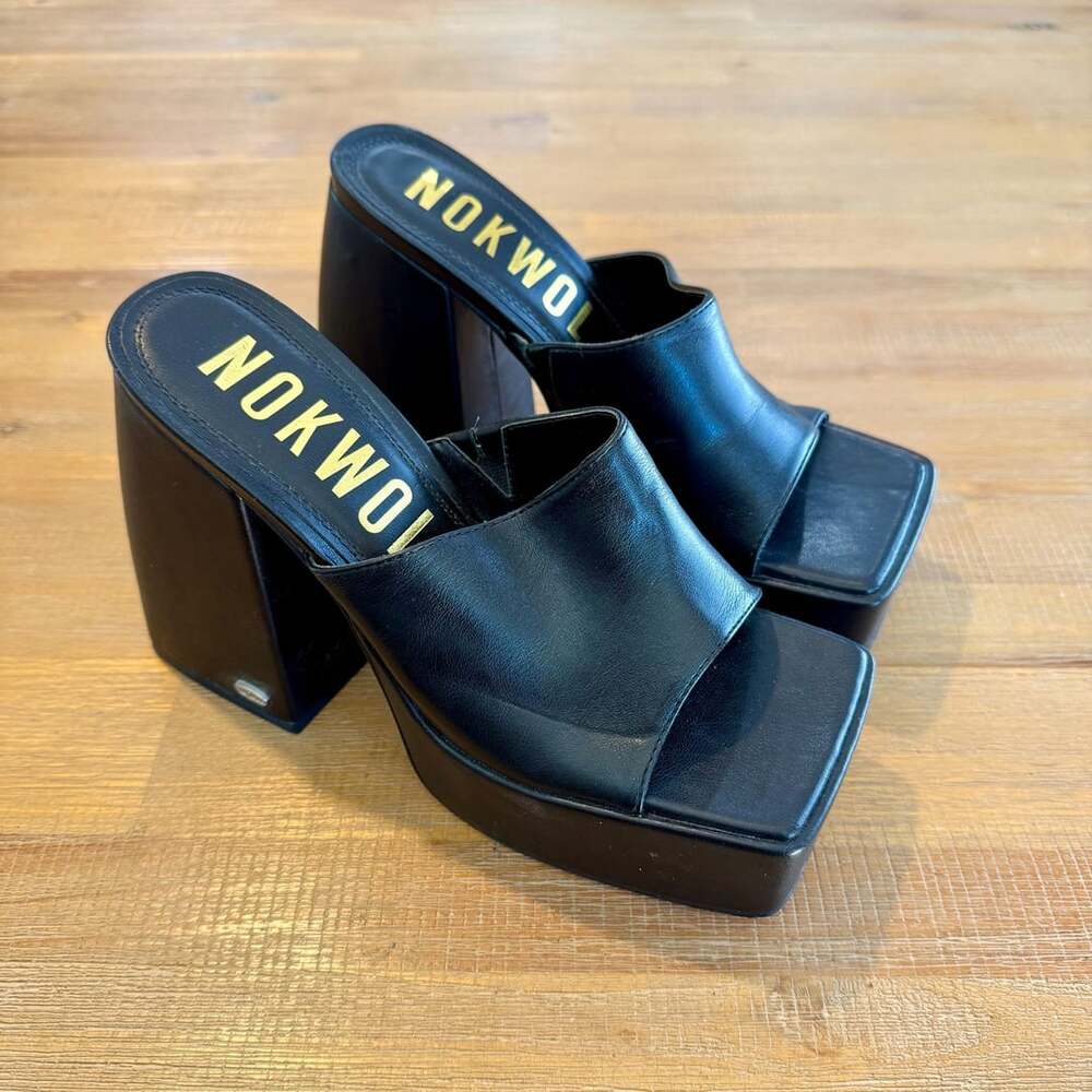 Nokwol Black Crawford Platform Square Open Toe Block Heel Sandala Size US 7